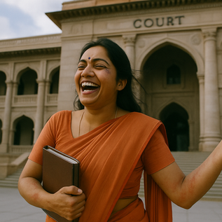 A woman holds legal papers and smiles outside a courthouse, symbolizing a successful legal outcome or restored rights, with the court building’s arches behind her.