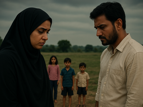 Indian mother and father standing apart with three children in the background, symbolising a custody dispute and court-ordered return.