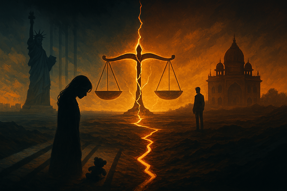 A symbolic landscape split between the United States and India, featuring the Statue of Liberty on one side and an Indian temple on the other, with a cracked glowing scale of justice at the center and abstract silhouettes representing the parents in a cross-border custody dispute