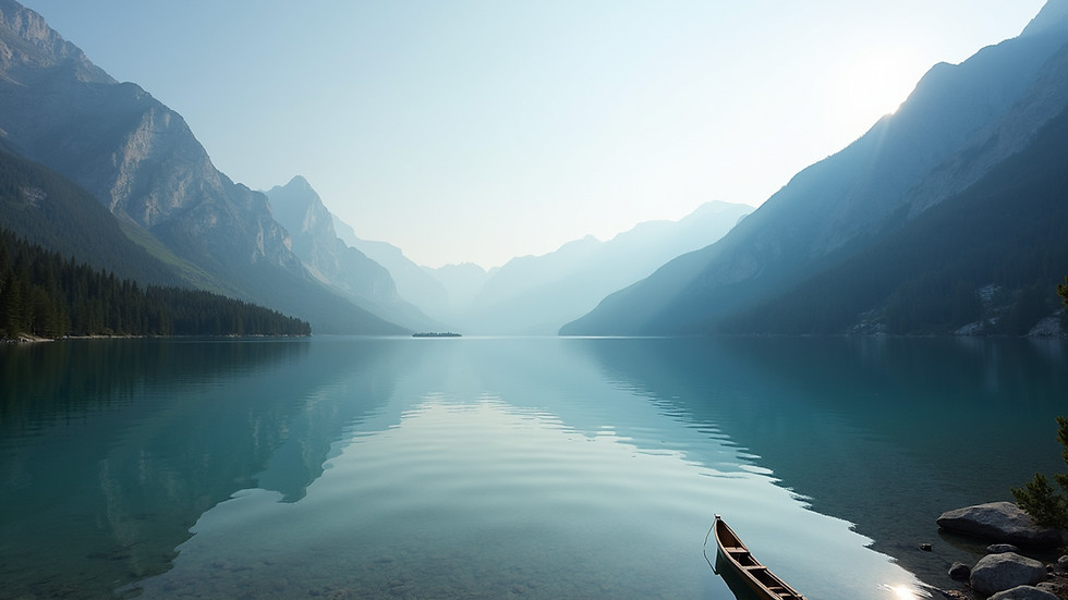 Eye-level view of a quiet lake surrounded by mountains