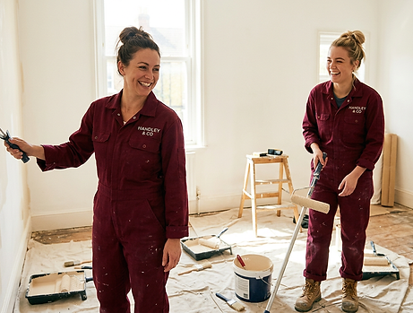 Firefly_Gemini Flash_Two professional decorators wearing clean white overalls, standing in