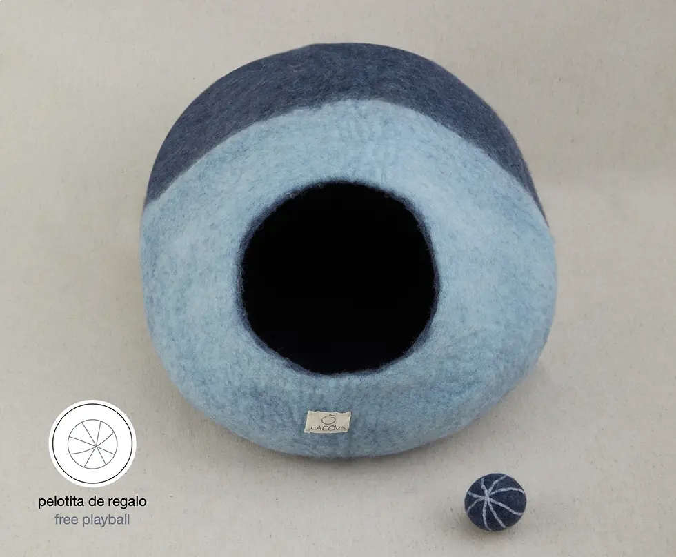 Thumbnail: Mishum light blue felted wool cat cave bed with ball toy front view