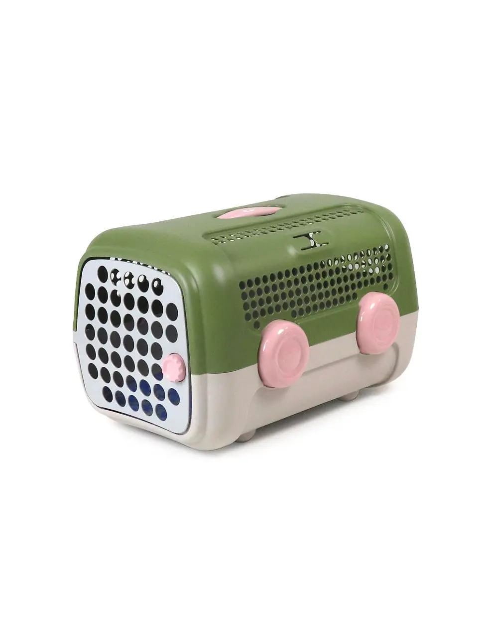 United Pets A.U.T.O. cat and dog carrier in green and taupe with aluminum door and car safety belt feature