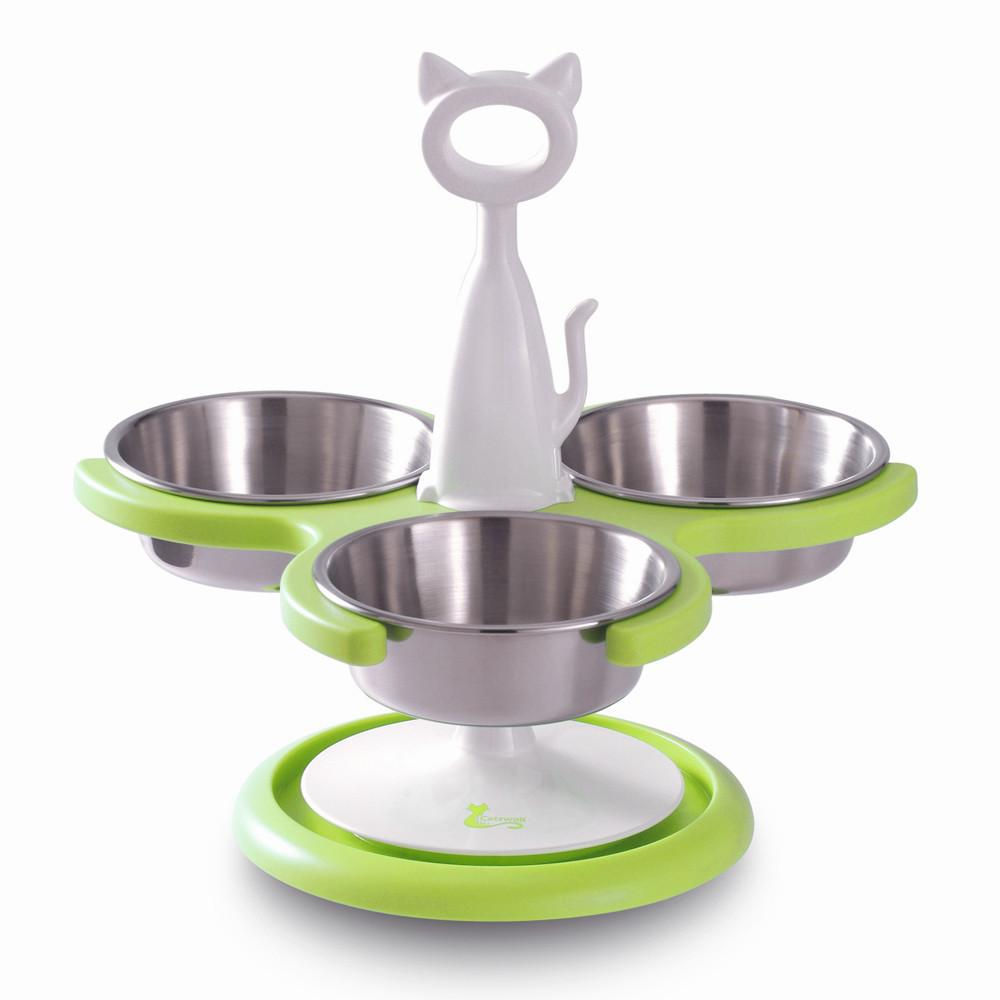 Green and white raised cat bowl with three stainless steel bowls and a cat-shaped handle designed for multi-cat homes