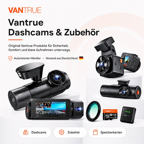 Vantrue Dashcams und Zubehör mit verschiedenen Dashcam-Modellen, CPL Filter, Speicherkarte und Zubehör – autorisierter Händler in Deutschland