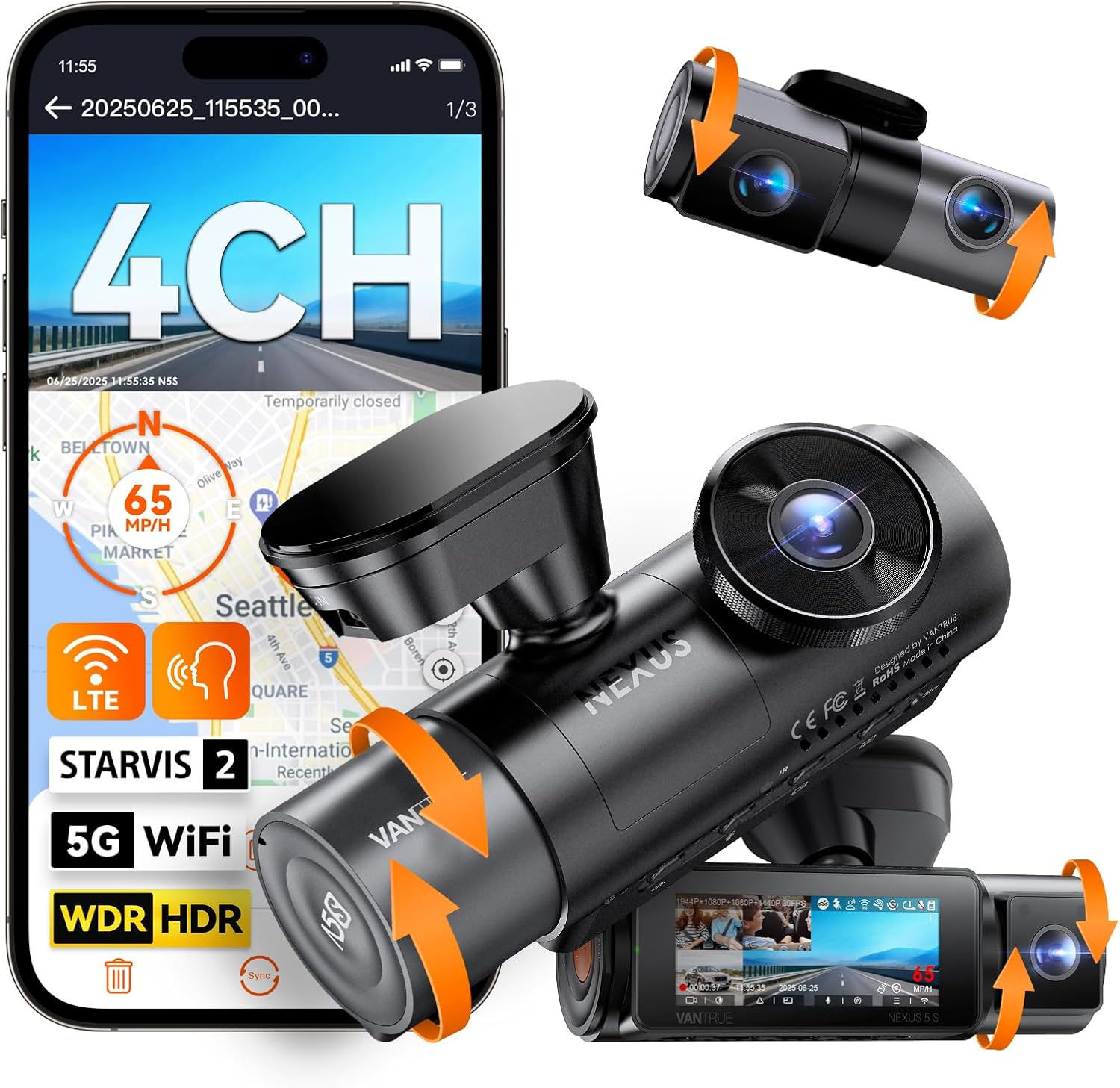 Vantrue N5S 4-Kanal Dashcam vorne innen hinten