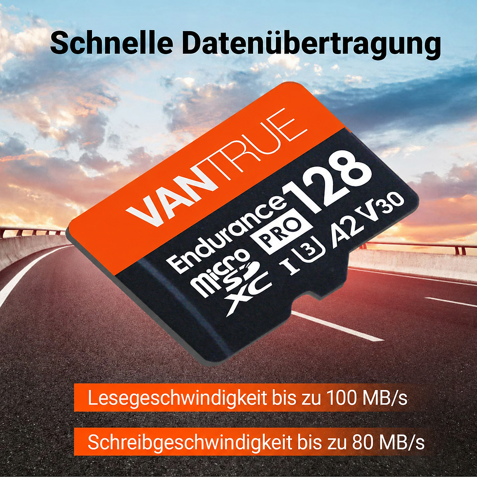 Miniatura: Vantrue 128GB microSD-Karte U3 V30 A2 Class 10 für Dashcams und 4K-Aufnahmen