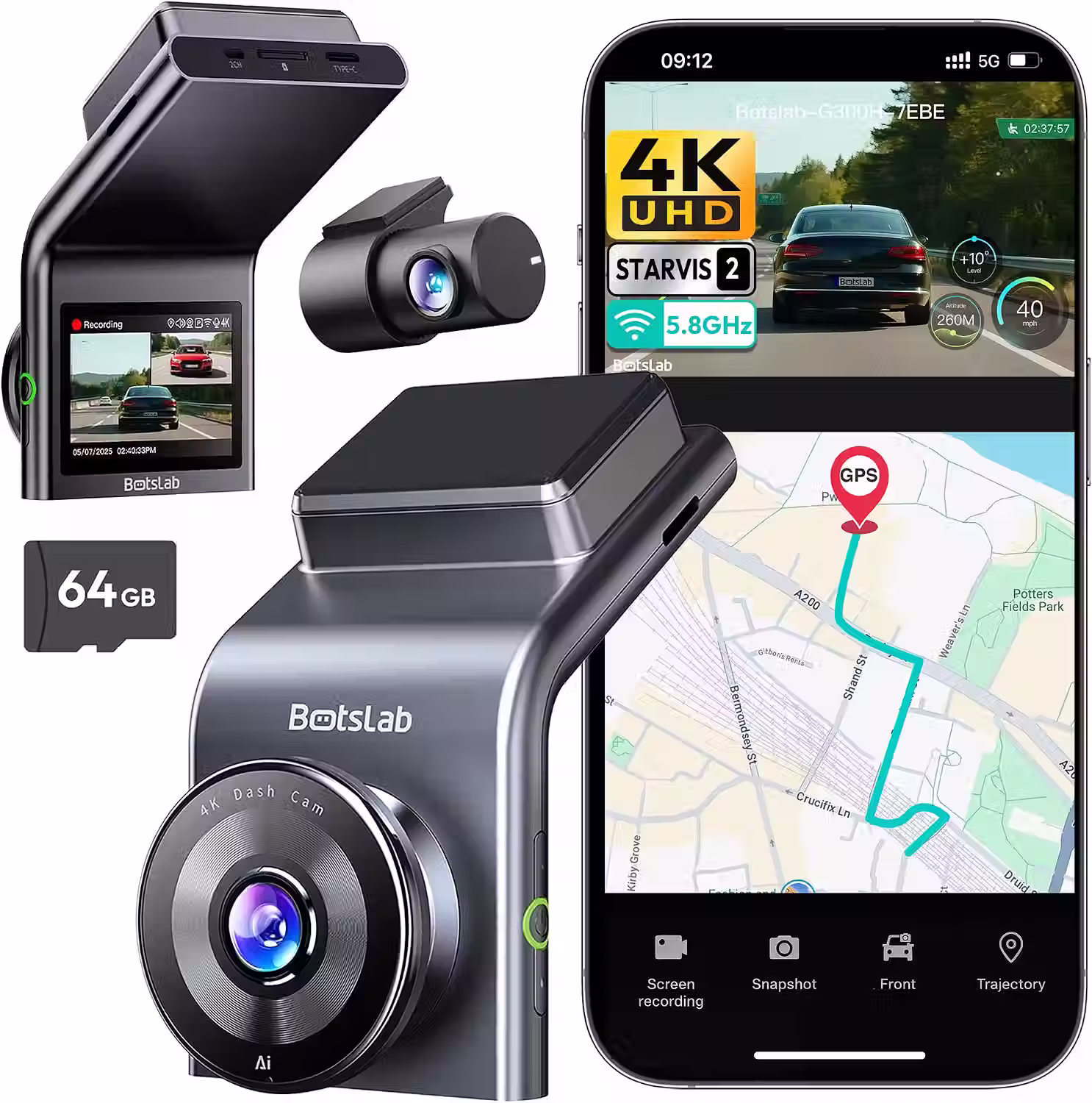 BOTSLAB G300H Plus Dashcam mit 4K Frontkamera und 1080P Heckkamera