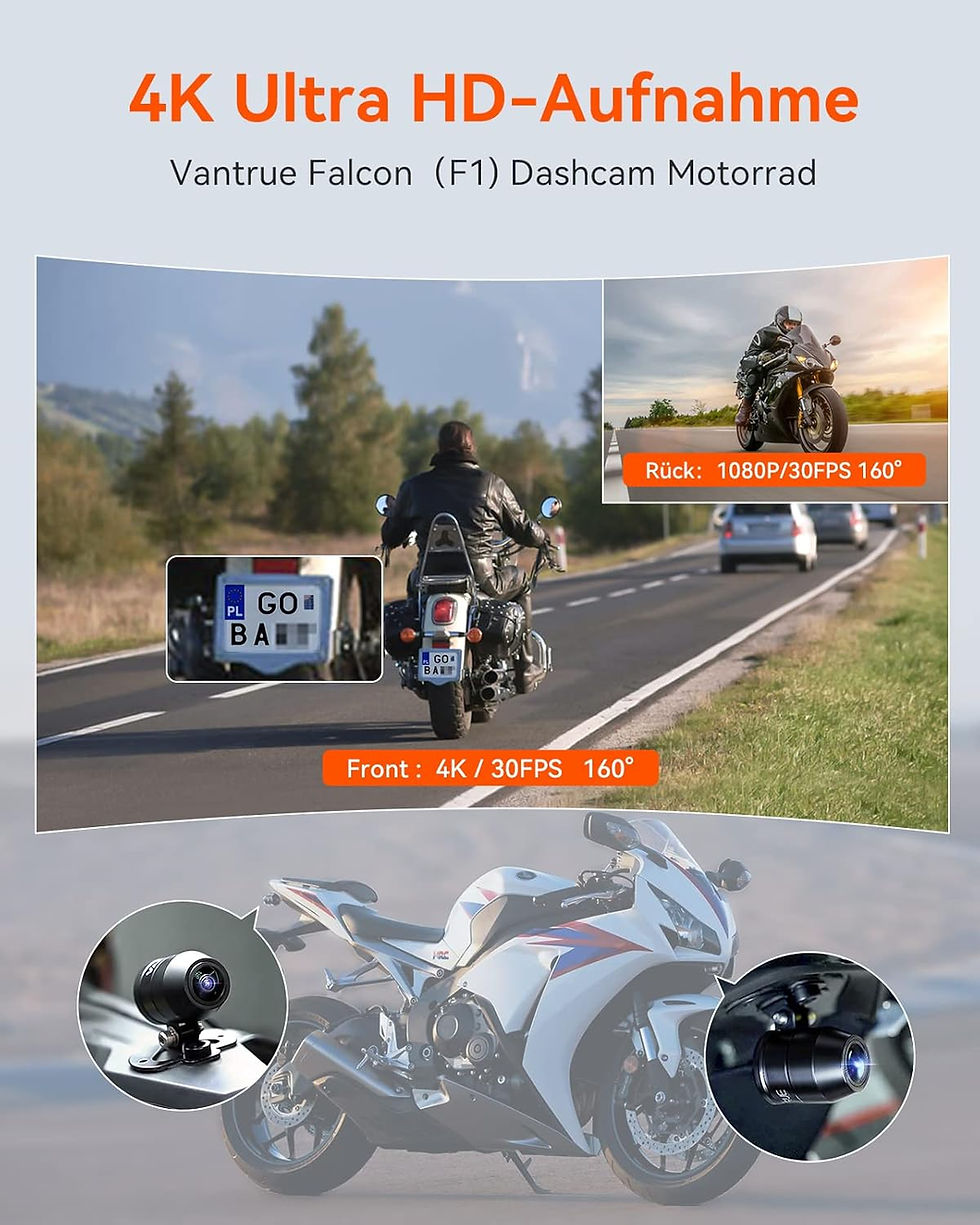 Miniatura: Vantrue F1 Motorrad-Dashcam mit Frontkamera und Rückkamera