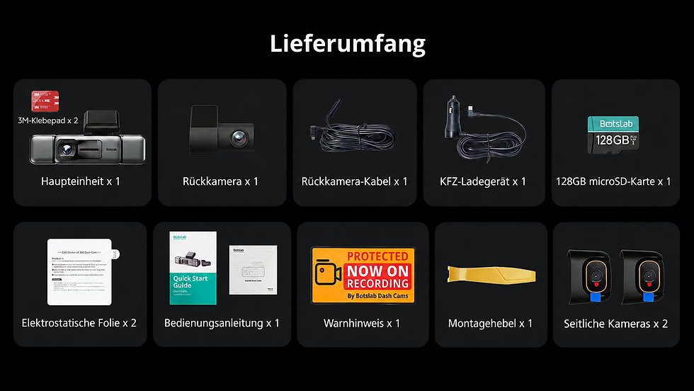 Miniatura: BOTSLAB G980H Dashcam Lieferumfang mit Rückkamera Kabel und 128GB microSD Karte