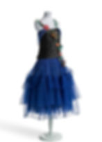 A dress form wearing a blue tulle dress stands against a white background.