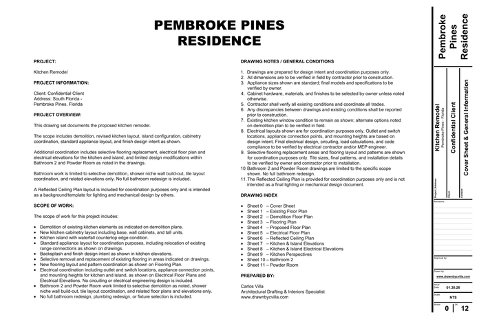 Kitchen remodel drafting cover sheet with general notes and scope of work – residential project in Pembroke Pines Florida
