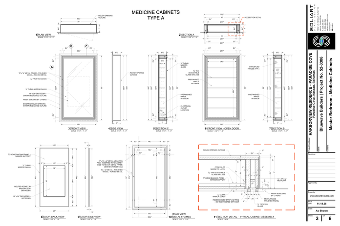 Detailed shop drawings of medicine cabinet type A with exact dimensions, section views, and mounting details for fabrication