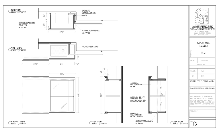 Custom bar construction detail drawing with sectional views and dimensional accuracy