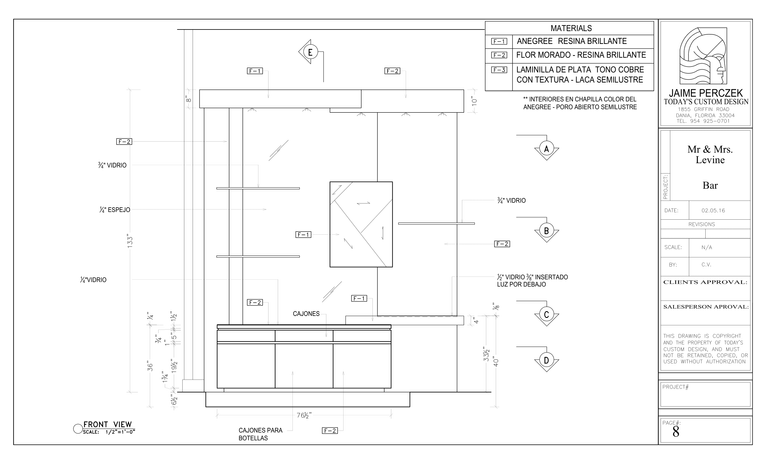 Custom bar floor plan with detailed dimensions, appliance locations, and millwork layout