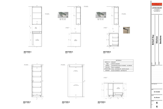 Kitchen millwork fabrication details showing materials, dimensions, and assembly information for a Brickell apartment.