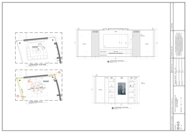 Architectural floor plan and elevation drawings for social area renovation in a coastal residence, including living room and open kitchen layout