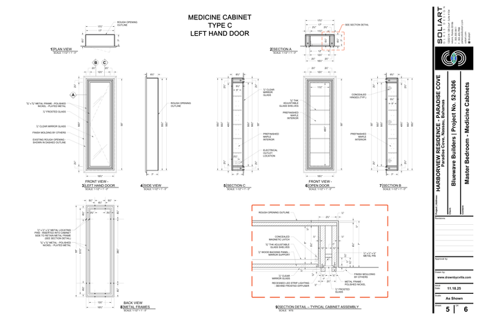 Medicine cabinet type C shop drawings with left hand door, internal layout, and construction details for custom millwork installation