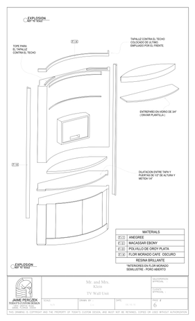 Exploded axonometric drawing of custom TV wall unit illustrating panel components, shelving elements, and assembly logic for fabrication