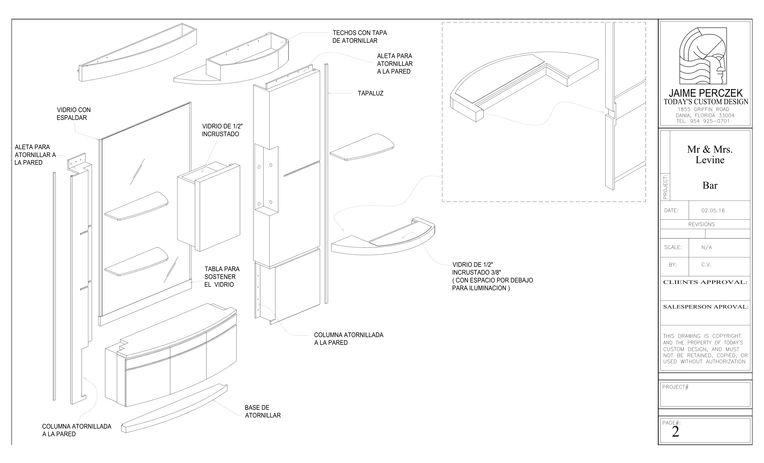 Exploded millwork drawing showing custom bar components, shelves, panels, and construction assembly details