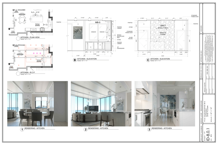 Dining area millwork elevations, plan details, and interior renderings – construction-ready drafting sheet for social area renovation.