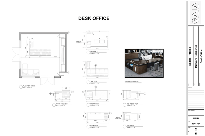 Detailed desk office millwork drawings including plan views, elevations, and construction dimensions for custom residential furniture