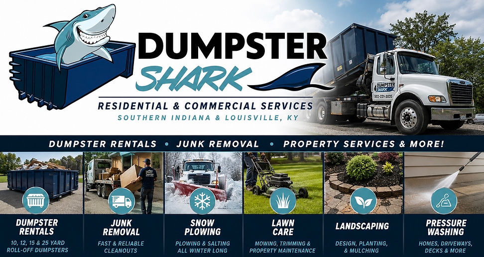 Dumpster Shark residential and commercial junk removal, snow removal, lawn care, landscaping, and pressure washing services