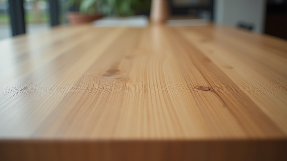 Close-up view of a wooden table surface with fine grain and smooth finish
