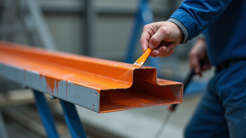 close-up view of H-shaped steel beam being painted with fireproof coating