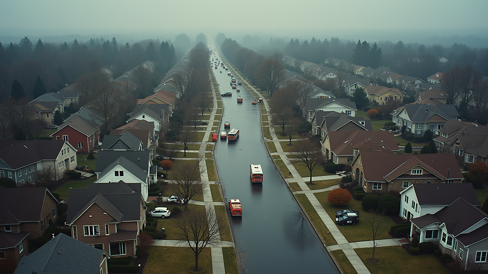 high angle view of a community disaster drill in a residential area
