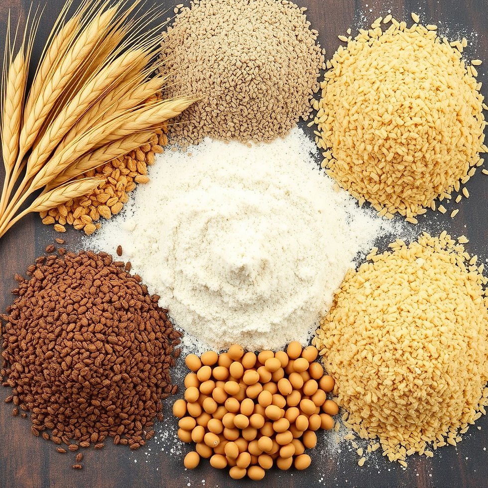 create an image with wheat, ragi, jowar, bajri, soyabean._also flour of all these placed i