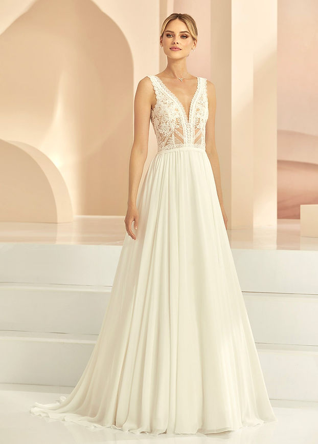 Abito da sposa a trapezio in pizzo guipure e morbido chiffon