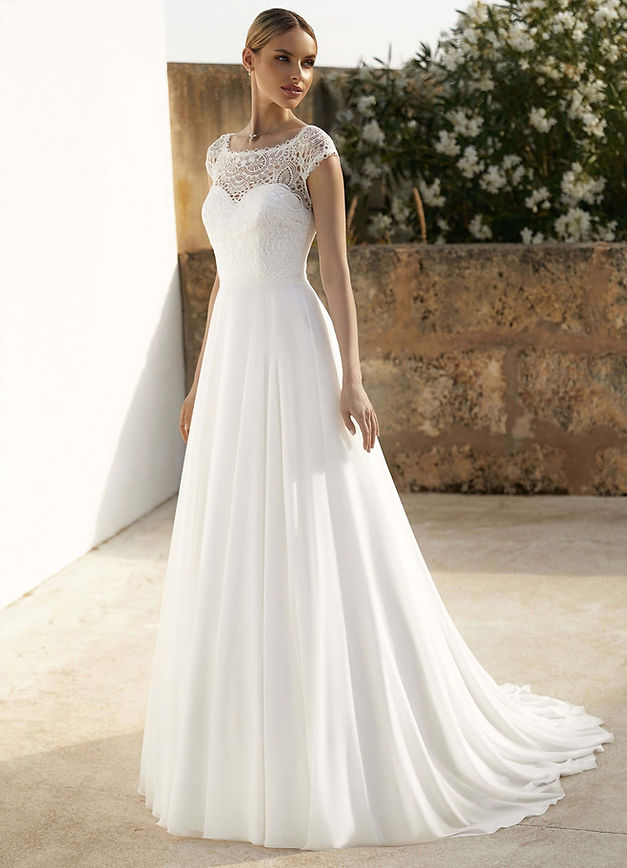 Abito da sposa A-Line realizzato in pizzo e chiffon con maniche corte e scollo a barchetta