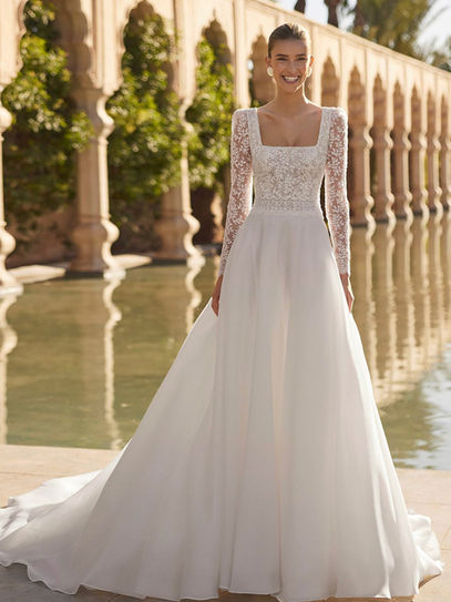 ONA - Abito da sposa A-line in organza con corpetto in pizzo e perline, scollo quadrato, maniche removibili e schiena a V.