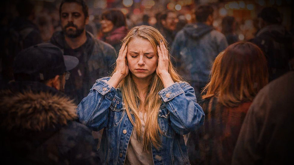 Junge Frau steht in einer belebten, unscharfen Menschenmenge und hält sich mit geschlossenen Augen die Hände an die Schläfen, als Zeichen von Reizüberflutung und sensorischem Overload in einer lauten, urbanen Umgebung.