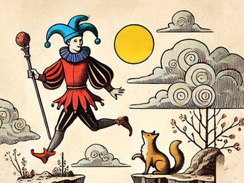 Illustration eines Narren mit rotem Kostüm und Stab, der zwischen zwei Klippen springt, beobachtet von einem Fuchs, mit stilisierten Wolken und roter Sonne im Hintergrund.