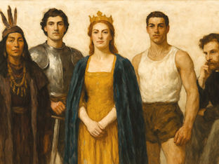 Gemälde mit fünf Personen in unterschiedlichen archetypischen Rollen – Krieger, Königin, Weise, Sportler und spirituelle Führerin – die verschiedene Formen von Macht und Präsenz verkörpern.