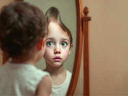 A child looks into a mirror with a distorted reflection — symbolizing early guilt and distorted self-perception.