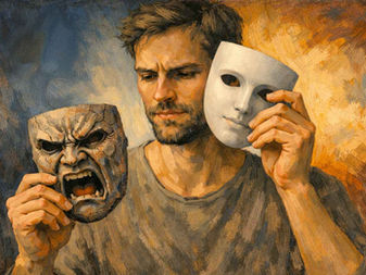 Man holding two masks in front of his face—one distorted with anger and one calm and neutral—symbolizing inner conflict between aggression, control, and authentic self-expression.