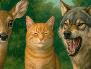 Un cervo, un gatto e un lupo uno accanto all’altro, simbolo dei tre tipi di stress nella Bodymind Therapy – ansioso, soddisfatto ed aggressivo.
