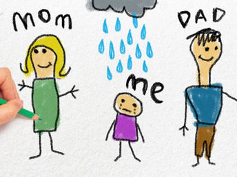 Kinderzeichnung mit traurigem Kind zwischen lächelnden Eltern – Symbol für emotionale Vernachlässigung und Schuldgefühle im Kind.