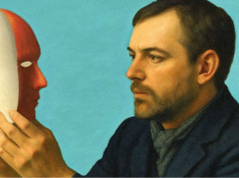 A man looks thoughtfully at a red-and-white mask he holds in his hands – a symbol of inner identity and conscious self-exploration.