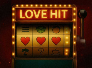 Spielautomat mit der Aufschrift „LOVE HIT“, in der Mitte drei rote Herz-Symbole – als Metapher für die emotionale Unberechenbarkeit bei Liebessucht und Trauma-Bindung.