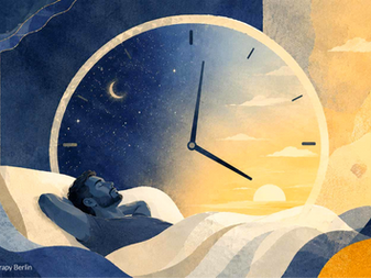 Illustrazione di una persona che dorme davanti a un grande orologio che passa dalla notte all’alba, simbolo del ritmo circadiano.