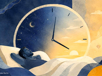 Illustrazione di una persona che dorme davanti a un grande orologio che passa dalla notte all’alba, simbolo del ritmo circadiano.