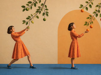 Woman in an orange dress waits patiently beneath a tree as green fruit ripens and ripe oranges can finally be received.
