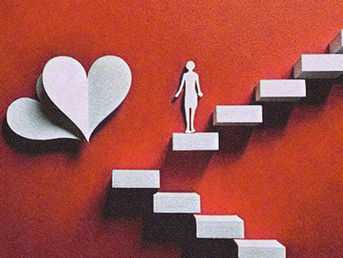 Illustration einer weißen Papierfigur, die an einer Gabelung auf einer Treppe steht – eine Seite führt zu zwei weißen Herzen, die andere weiter nach oben. Symbol für die Entscheidung zwischen Karriere und Beziehung, auf rotem Hintergrund.