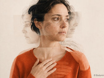 Woman with her hand on her chest and overlapping facial outlines symbolising dissociation and body-mind disconnection.