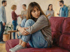 Junge Frau sitzt mit angezogenen Beinen auf einem Sofa, wirkt ängstlich und zurückgezogen, während im Hintergrund mehrere Menschen in Gruppen sprechen.