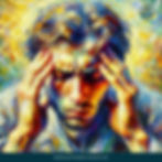 Man with a headache touching his forehead.